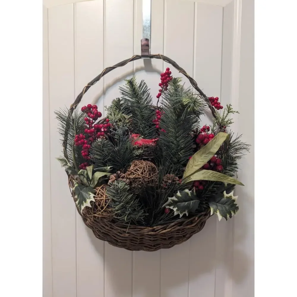 Christmas Wreath Wicker Basket Red Cardinal Berries Holiday Door Wall Decor